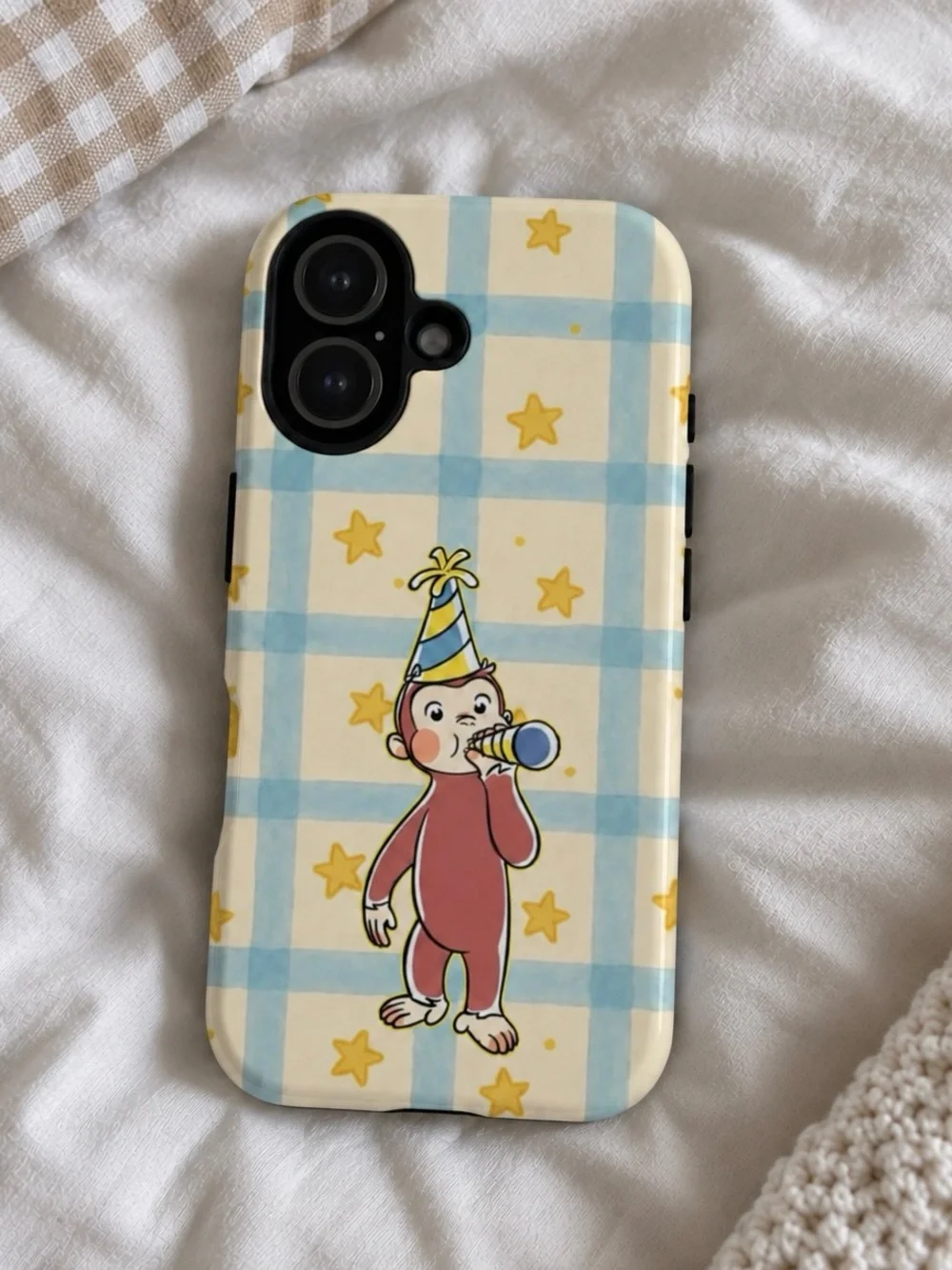 Curious Monkey Party iPhone Case Blue Plaid Star Tough Case